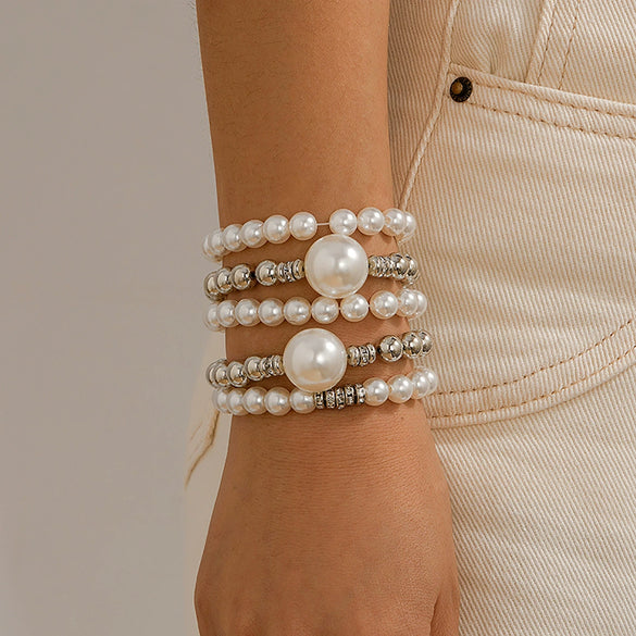 Exaggerated Imitation Pearl Stacked Bracelet Geometric Electroplated Women's