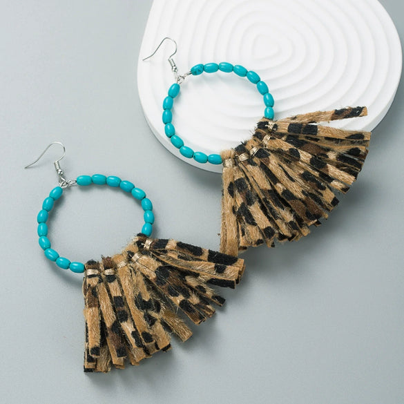Exaggerated Large Round Handmade Leather Turquoise Geometric Earrings For Women