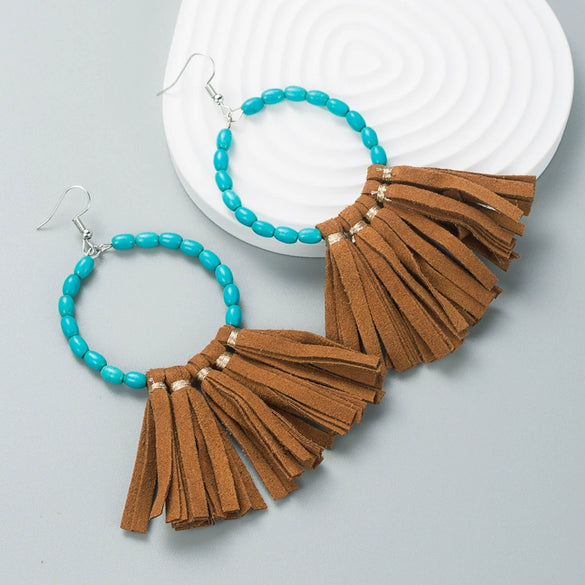 Exaggerated Large Round Handmade Leather Turquoise Geometric Earrings For Women