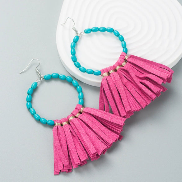 Exaggerated Large Round Handmade Leather Turquoise Geometric Earrings For Women