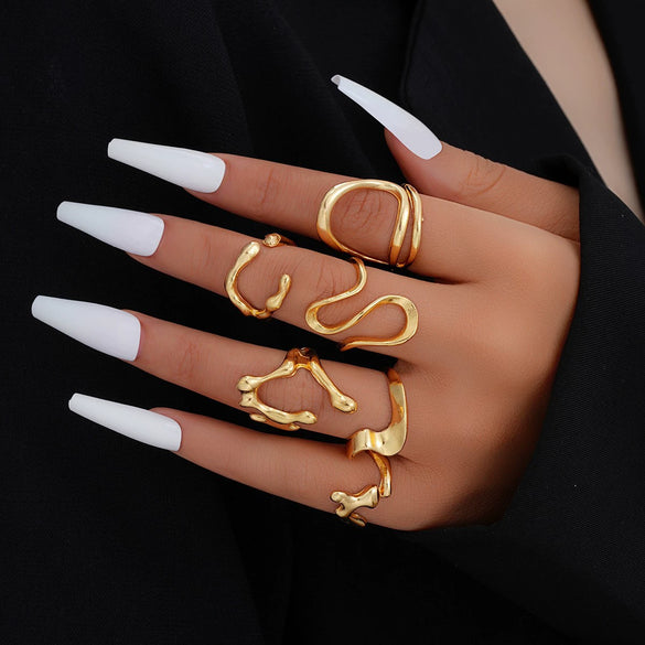 Exaggerated Lines Irregular Water Drop Glossy Alloy Ring Set For Women With Geometric Design And Electroplating