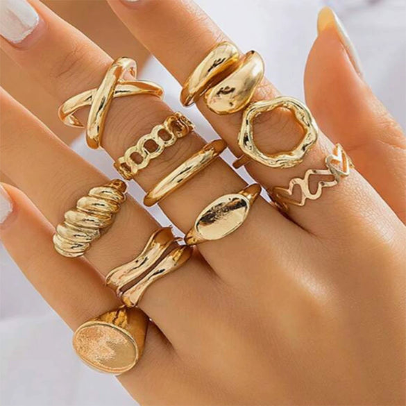 Exaggerated Lines Irregular Water Drop Glossy Alloy Ring Set For Women With Geometric Design And Electroplating