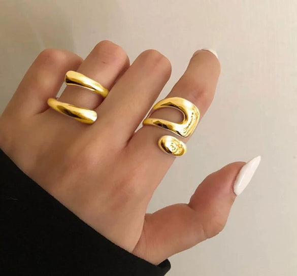 Exaggerated Lines Irregular Water Drop Glossy Alloy Ring Set For Women With Geometric Design And Electroplating