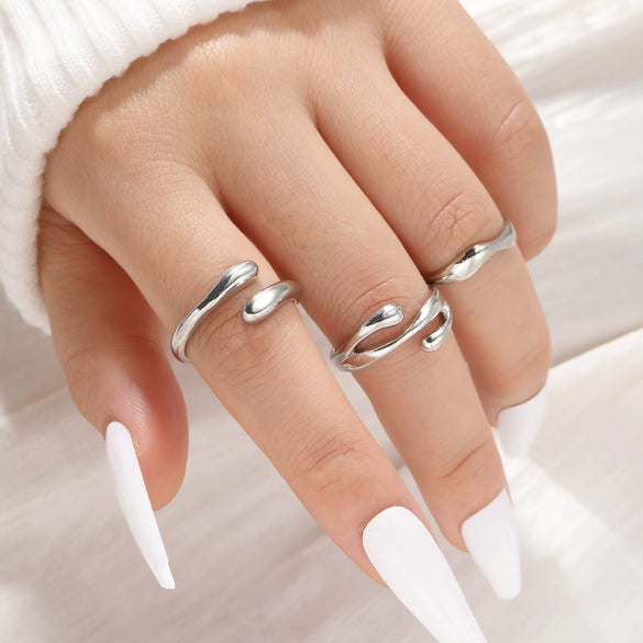 Exaggerated Lines Irregular Water Drop Glossy Alloy Ring Set For Women With Geometric Design And Electroplating