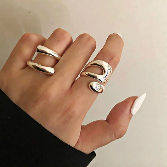 Exaggerated Lines Irregular Water Drop Glossy Alloy Ring Set For Women With Geometric Design And Electroplating