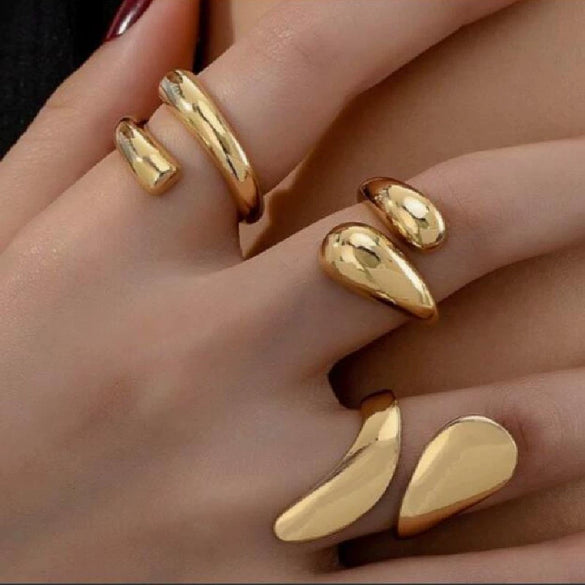 Exaggerated Lines Irregular Water Drop Glossy Alloy Ring Set For Women With Geometric Design And Electroplating