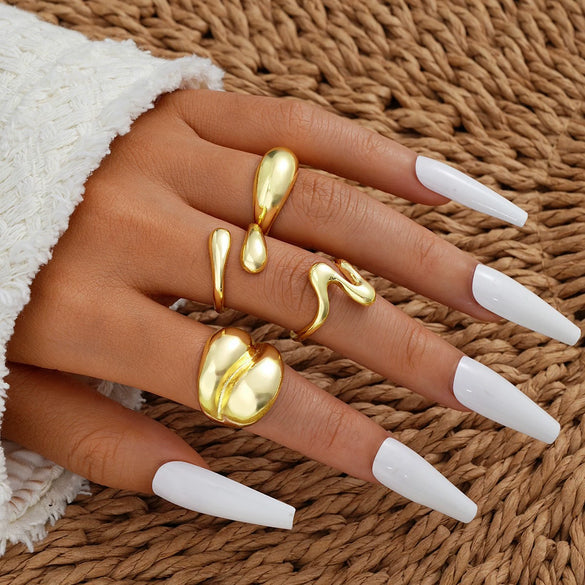 Exaggerated Lines Irregular Water Drop Glossy Alloy Ring Set For Women With Geometric Design And Electroplating
