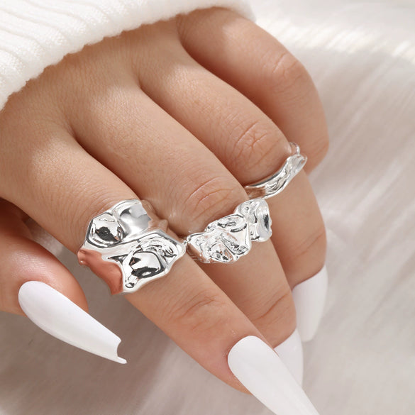 Exaggerated Lines Irregular Water Drop Glossy Alloy Ring Set For Women With Geometric Design And Electroplating
