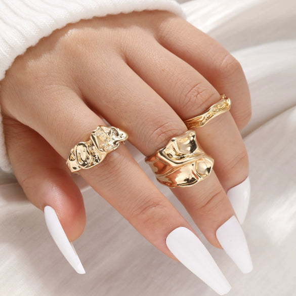 Exaggerated Lines Irregular Water Drop Glossy Alloy Ring Set For Women With Geometric Design And Electroplating