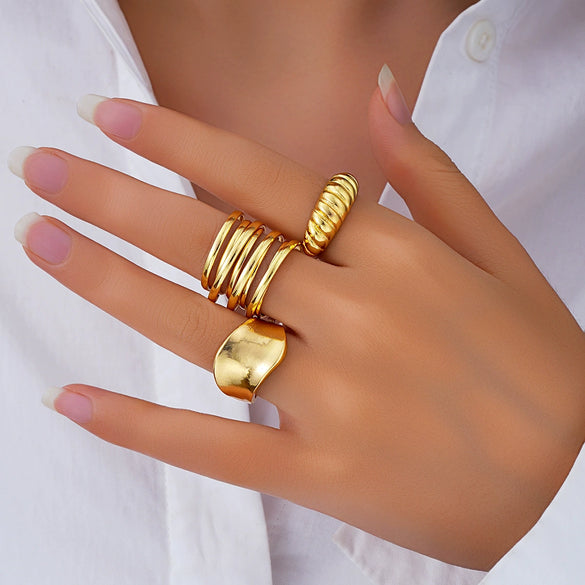Exaggerated Lines Irregular Water Drop Glossy Alloy Ring Set For Women With Geometric Design And Electroplating
