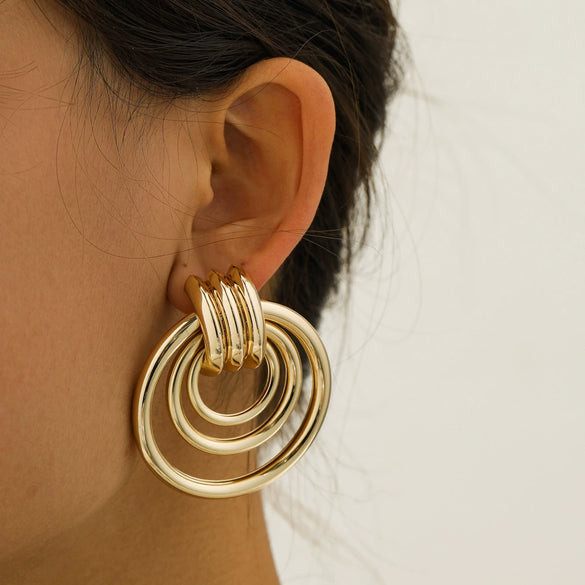 Exaggerated Metal Threering Circle Hollow Geometric Earrings With Electroplating Treatment