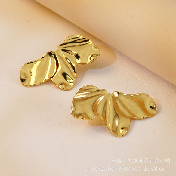 Exaggerated Metallic Fashionable Women's Stainless Steel Half Flower Butterfly Wings Shaped Earrings With Bow Tie Pattern Electroplated