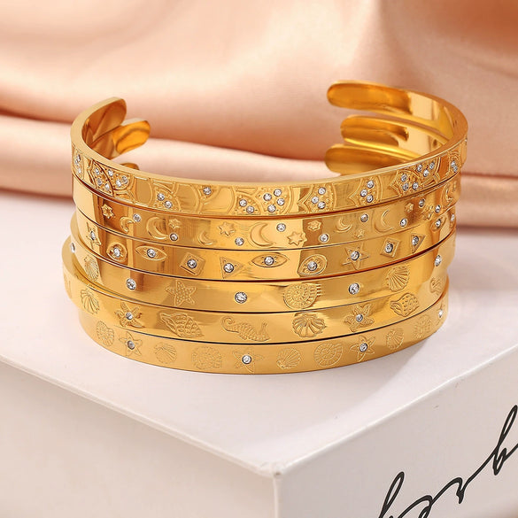 Exaggerated Personality Allmatch Open Bracelet 316L Stainless Steel Inlaid Round Zircon Marine Style Electroplated