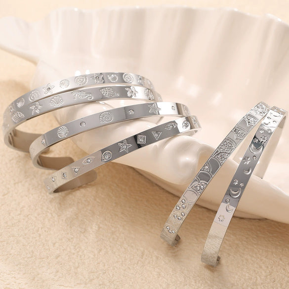 Exaggerated Personality Allmatch Open Bracelet 316L Stainless Steel Inlaid Round Zircon Marine Style Electroplated