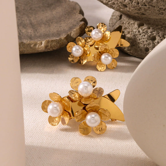 Exaggerated Personality Trend Joker Flower Pearl Design Stainless Steel Earrings For Women With Furnace Vacuum Plating 18K Geometric Pattern