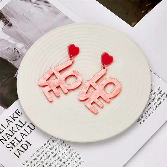 Exaggerated Pink Love Letter Acrylic Long Earrings With Electroplating Treatment
