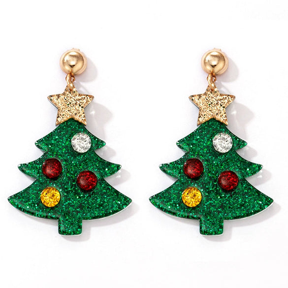 Exaggerated Resin Christmas Tree And Star Stud Earrings With Diamond Look Festival Style Fashion Jewelry