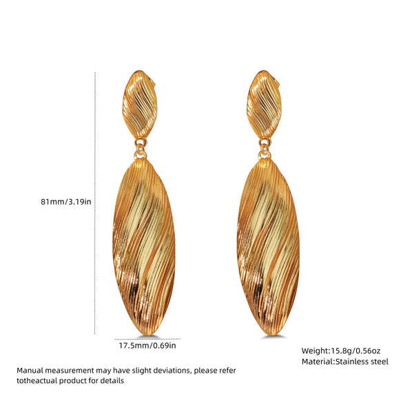 Exaggerated Retro Bohemian Style Stainless Steel Wire Drawing Striped Long Shell Pendant Earrings With Geometric Pattern And Electroplating