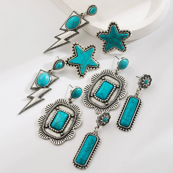 Exaggerated Retro Fashion Geometric Star Lightning Shape Turquoise Inlaid Alloy Earrings