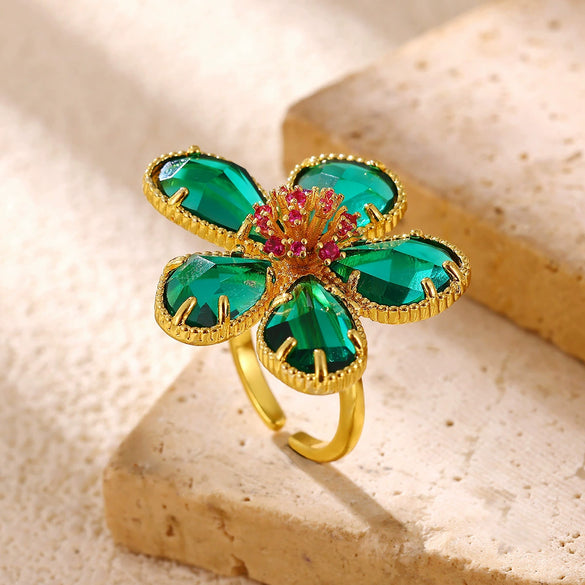 Exaggerated Retro Flower Open Ring With Transparent Zircon Crystal Threedimensional Multifaceted Floral Design And Goldplated Copper Finish