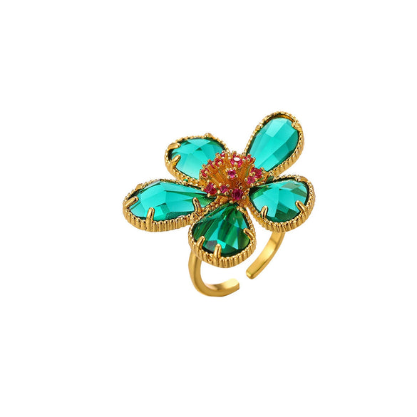 Exaggerated Retro Flower Open Ring With Transparent Zircon Crystal Threedimensional Multifaceted Floral Design And Goldplated Copper Finish
