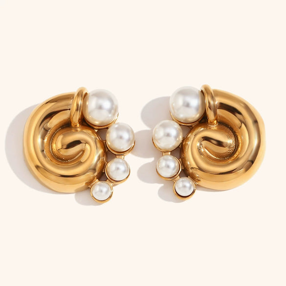 Exaggerated Retro Geometric Goldtone Electroplated Stainless Steel Swirl Pearl Stud Earrings For Women