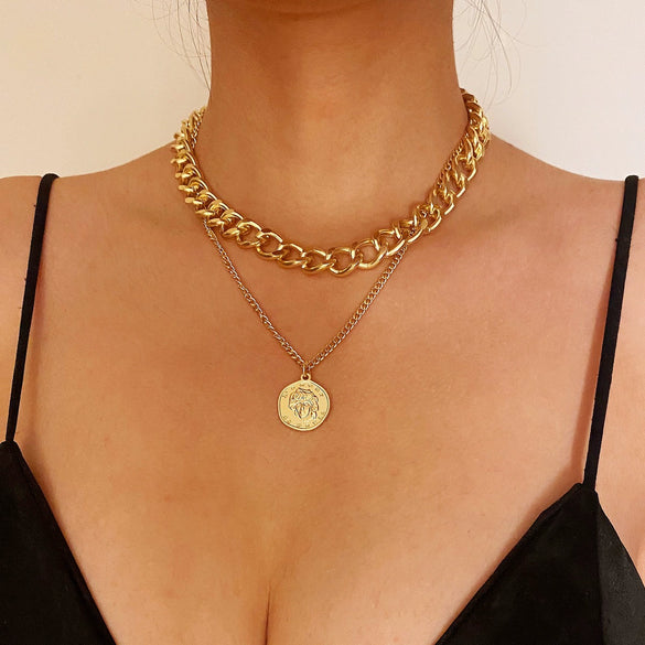 Exaggerated Retro Portrait Hiphop Alloy Necklace For Female With Electroplating