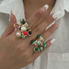 Exaggerated Retro Women's Ring With Imitation Pearls Heart Shape Geometric Pattern Electroplated