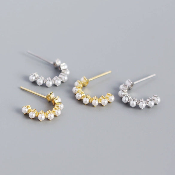 Exaggerated S925 Silver Geometric Cshaped Hoop Pearl Earrings For Women With Electroplating