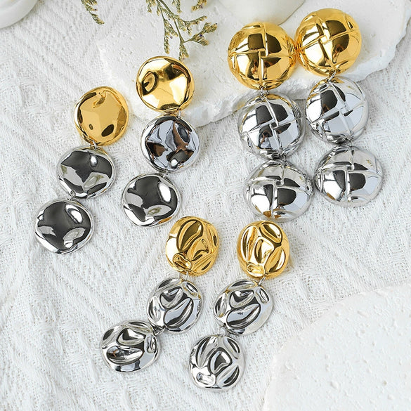 Exaggerated Shiny Pleated Round Tassel Dangle Geometric Stainless Steel Electroplated Women's Earrings