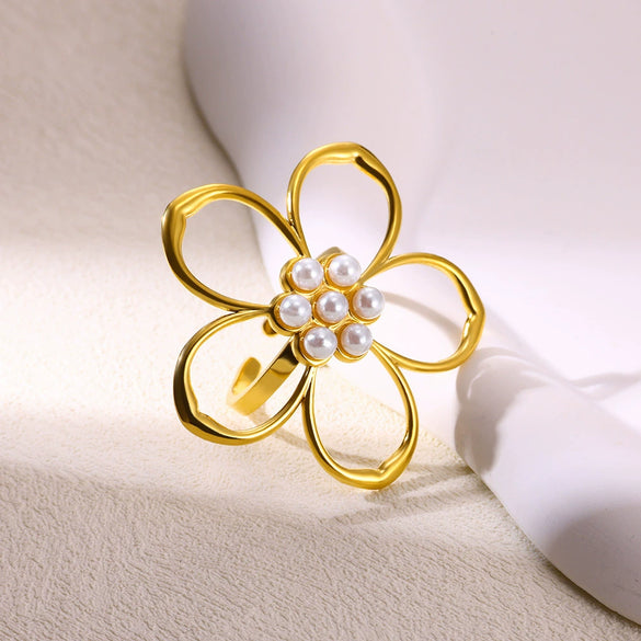 Exaggerated Stainless Steel And Imitation Pearl Geometric Open Ring With Flower Design Electroplated