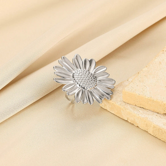 Exaggerated Stainless Steel And Imitation Pearl Geometric Open Ring With Flower Design Electroplated