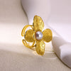 Exaggerated Stainless Steel And Imitation Pearl Geometric Open Ring With Flower Design Electroplated