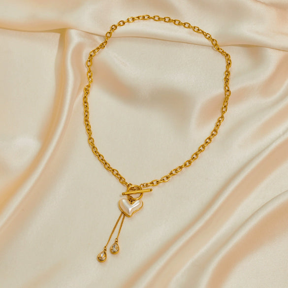 Exaggerated Stainless Steel Crooked Heart Pearl Necklace And Bracelet Set With Titanium Steel Chain And Electroplating Treatment