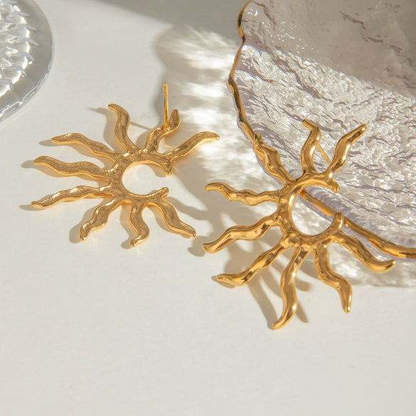 Exaggerated Stainless Steel Geometric Sunflower Earrings With Electroplating Treatment