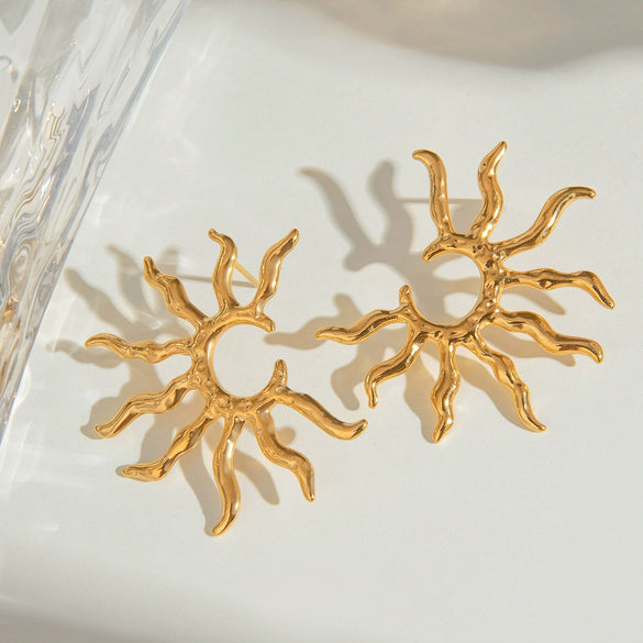 Exaggerated Stainless Steel Geometric Sunflower Earrings With Electroplating Treatment