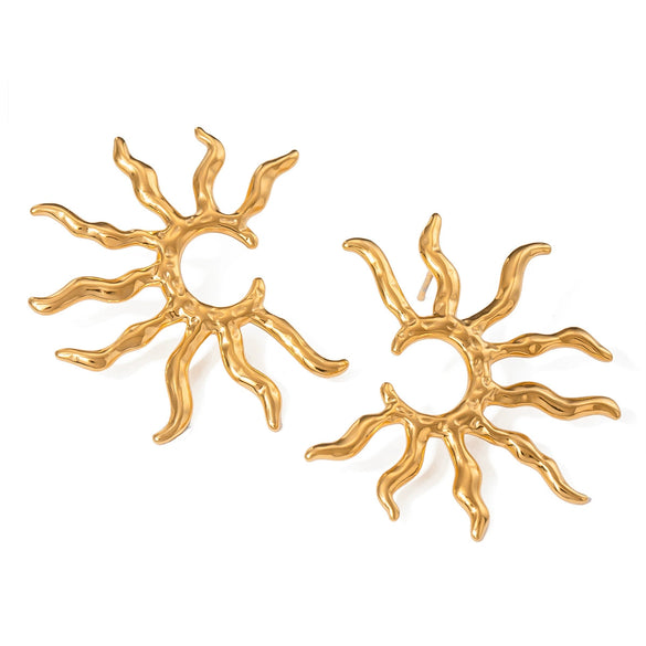 Exaggerated Stainless Steel Geometric Sunflower Earrings With Electroplating Treatment