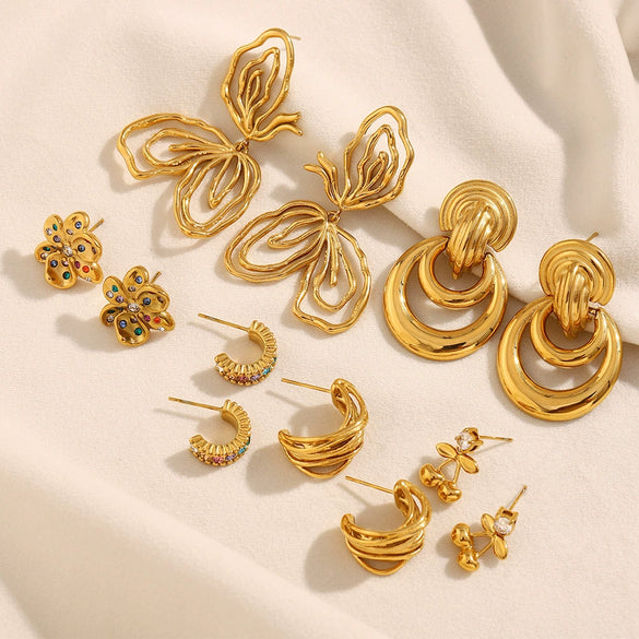 Exaggerated Temperament Double Ring Stitching Women's Earrings In Stainless Steel With 18K Gold Plated Flower Pattern And Electroplating Process