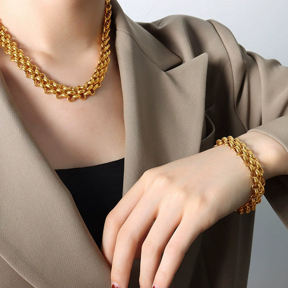Exaggerated Trendy Cool Elegant Jewelry Suit With Buckle Design Thick Chain Personality Necklace And All Match Gold Plated 316L Stainless Steel Bracelet Electroplated