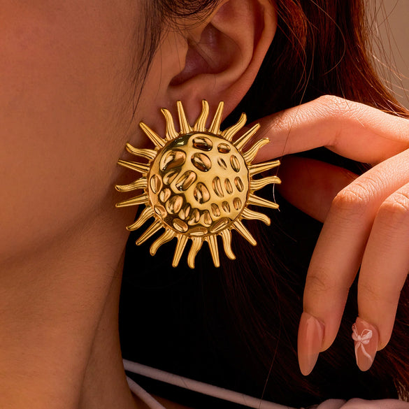 Exaggerated Vintage Stainless Steel And 18K Electroplated Sunflower Texture Women's Earrings
