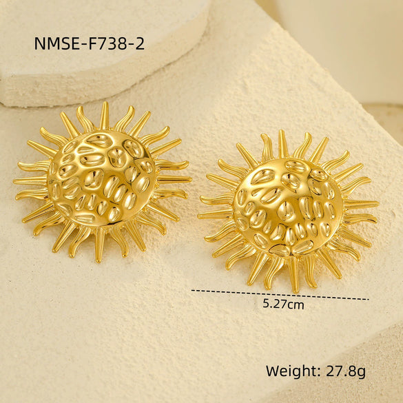 Exaggerated Vintage Stainless Steel And 18K Electroplated Sunflower Texture Women's Earrings