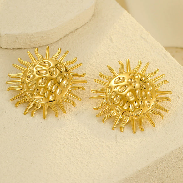 Exaggerated Vintage Stainless Steel And 18K Electroplated Sunflower Texture Women's Earrings