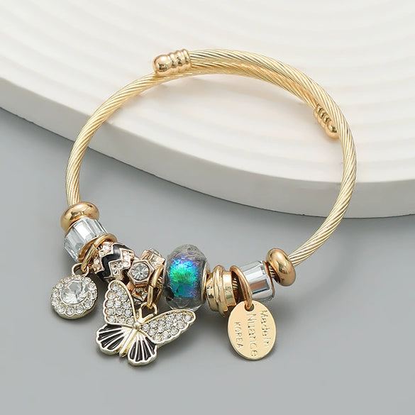 Exaggerated Women's Alloy Bracelets With Butterfly Pendants And Geometric Diamond Design