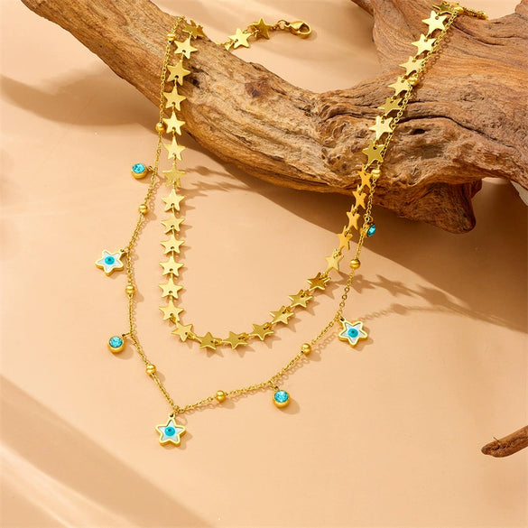 Exotic Style Stainless Steel And Organic Glass Double Five Pointed Star Drop Clavicle Chain With Rectangular Turquoise Eyes Electroplated