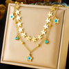 Exotic Style Stainless Steel And Organic Glass Double Five Pointed Star Drop Clavicle Chain With Rectangular Turquoise Eyes Electroplated