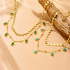 Exotic Style Stainless Steel And Organic Glass Double Five Pointed Star Drop Clavicle Chain With Rectangular Turquoise Eyes Electroplated