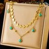 Exotic Style Stainless Steel And Organic Glass Double Five Pointed Star Drop Clavicle Chain With Rectangular Turquoise Eyes Electroplated