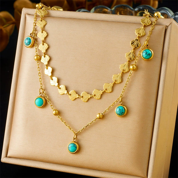 Exotic Style Stainless Steel And Organic Glass Double Five Pointed Star Drop Clavicle Chain With Rectangular Turquoise Eyes Electroplated