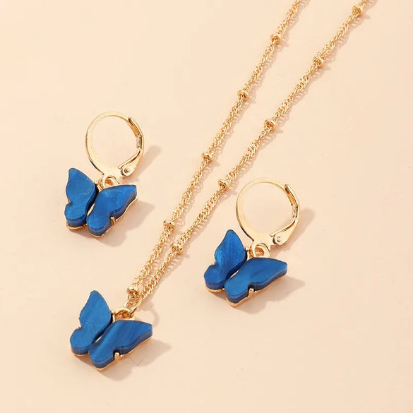 Explosive Accessories Multicolor Butterfly Necklace Earring Set Temperament Small Butterfly Jewelry Wholesale Nihaojewelry