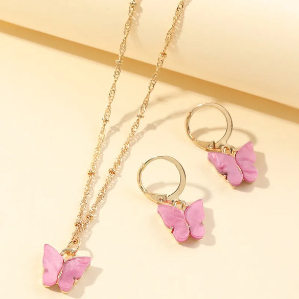 Explosive Accessories Multicolor Butterfly Necklace Earring Set Temperament Small Butterfly Jewelry Wholesale Nihaojewelry